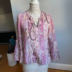 Kobi Halperin 100% Silk Pink Paisley Boho Long Sleeve Blouse sz XS